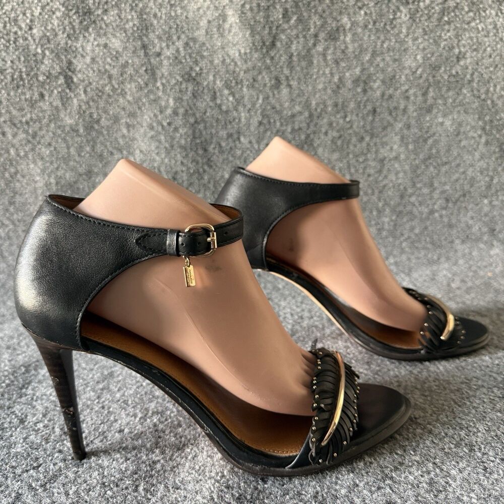 Coach Isabella Black Feather Studded Ankle Strap Strappy Leather Heel 10B